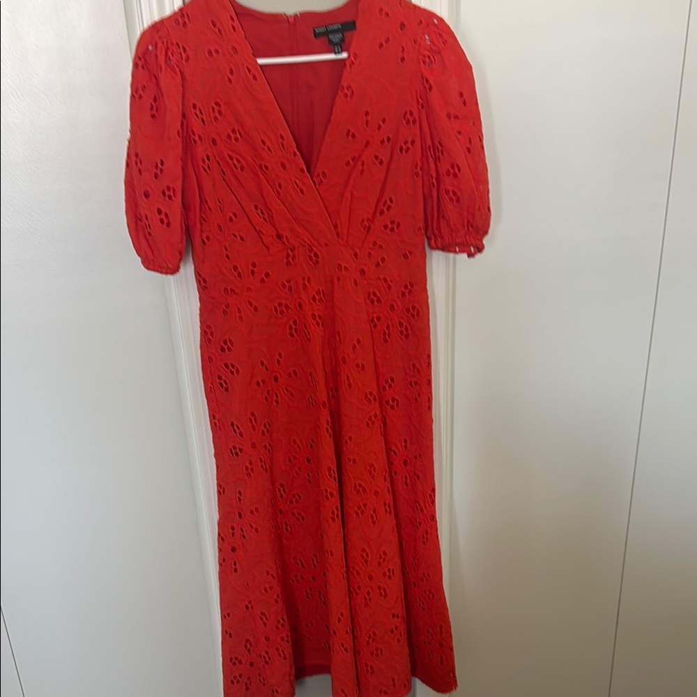 Maggy London Red Puff Sleeve Wrap Midi Dress